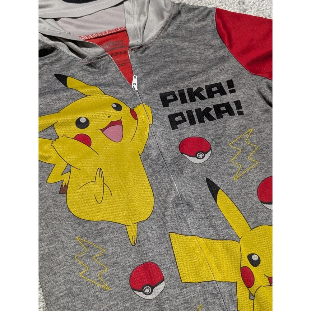 Pokemon Pikachu Hooded‎ Union Suit Romper Boys Small Gray Red Pika Pika Pajamas